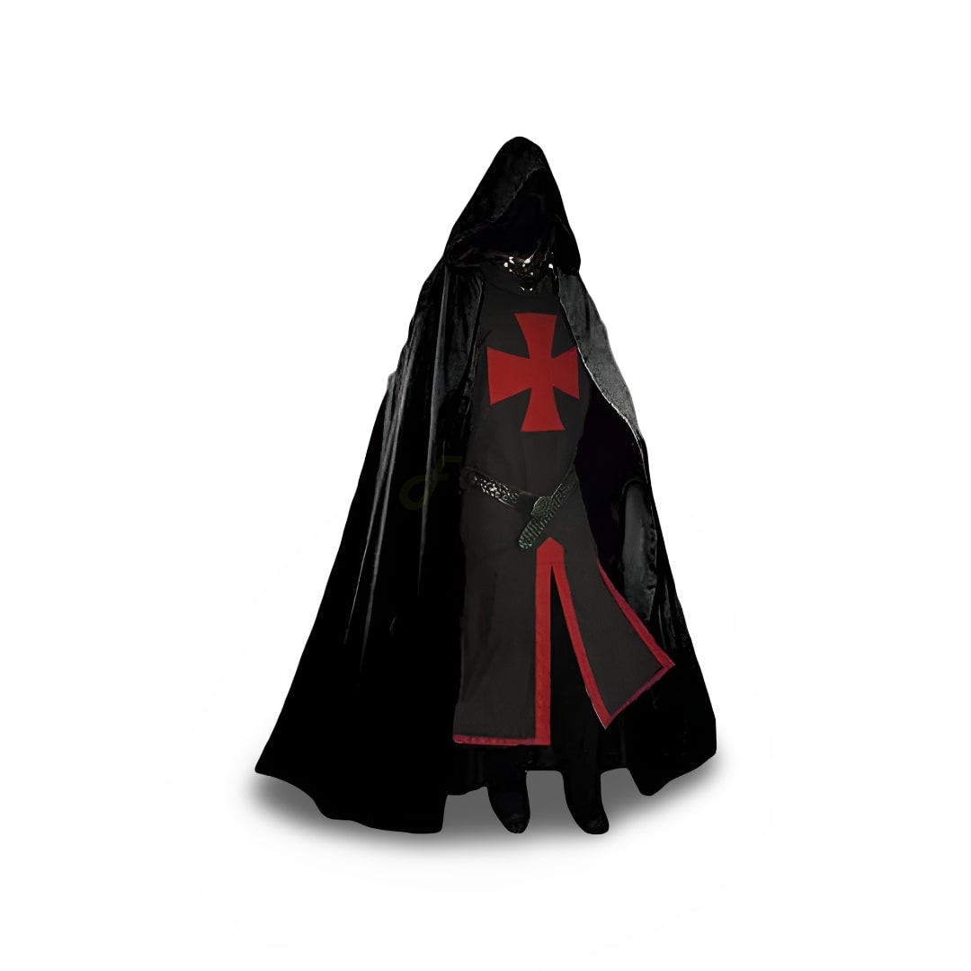 Autentyczny rycerski kostium z tuniką i peleryną z kapturem do cosplayu