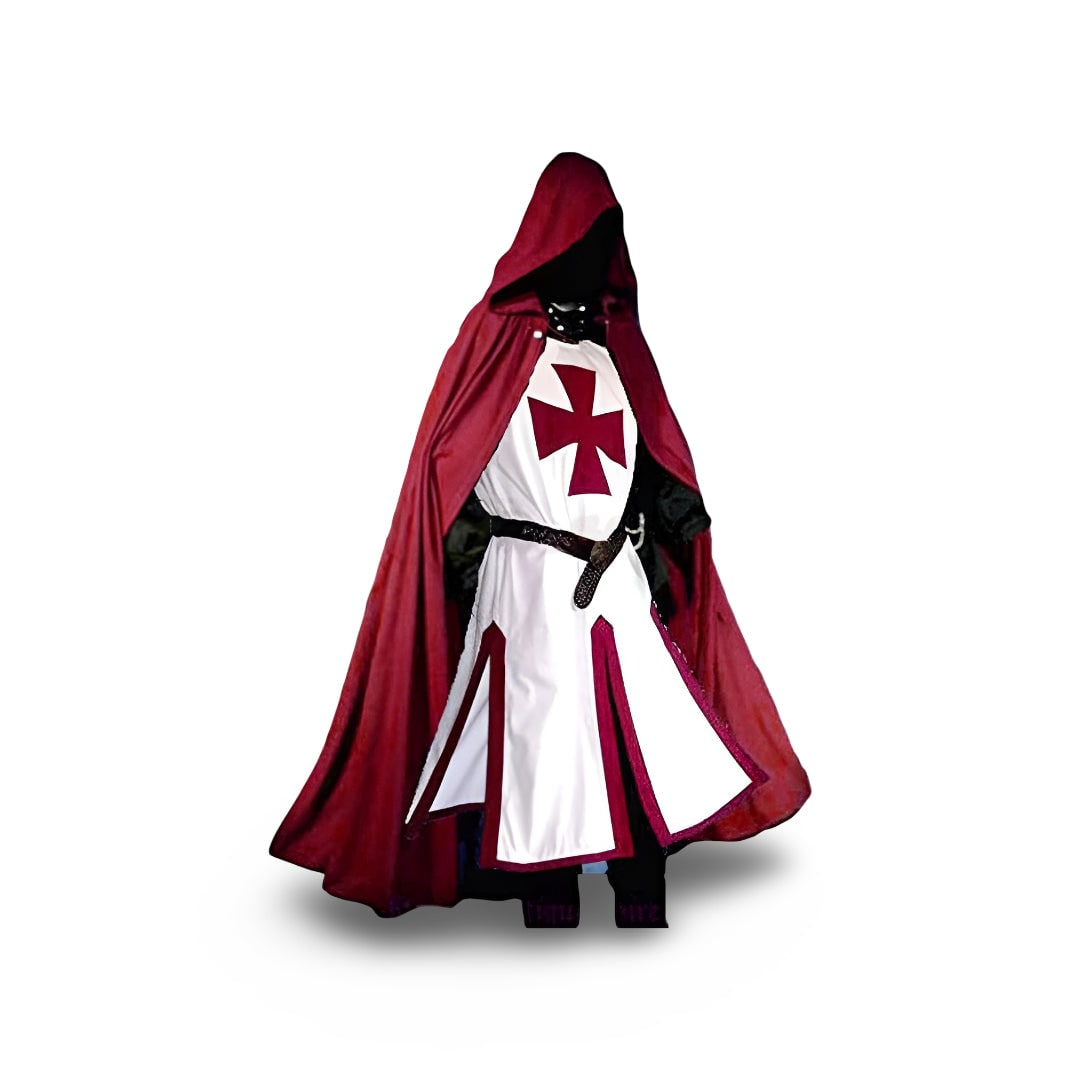 Autentyczny rycerski kostium z tuniką i peleryną z kapturem do cosplayu