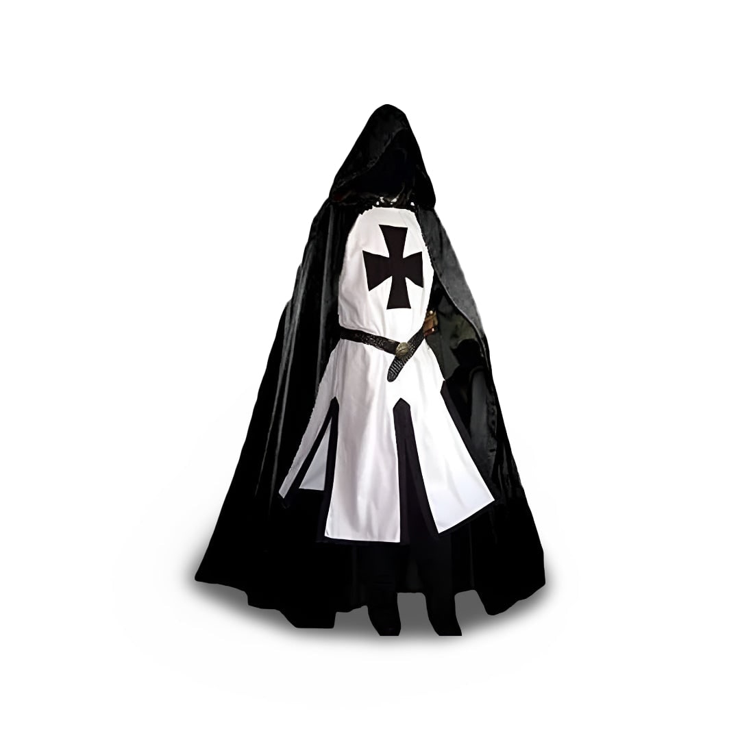 Autentyczny rycerski kostium z tuniką i peleryną z kapturem do cosplayu