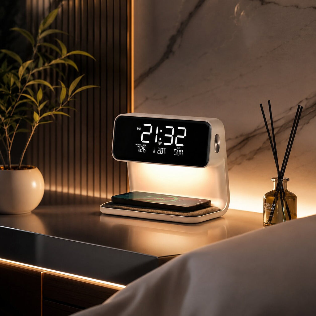 Budzik LED z funkcją bezprzewodowego ładowania | Wyświetlacz LCD z godziną, datą i temperaturą | Ściemniacz dotykowy z 3