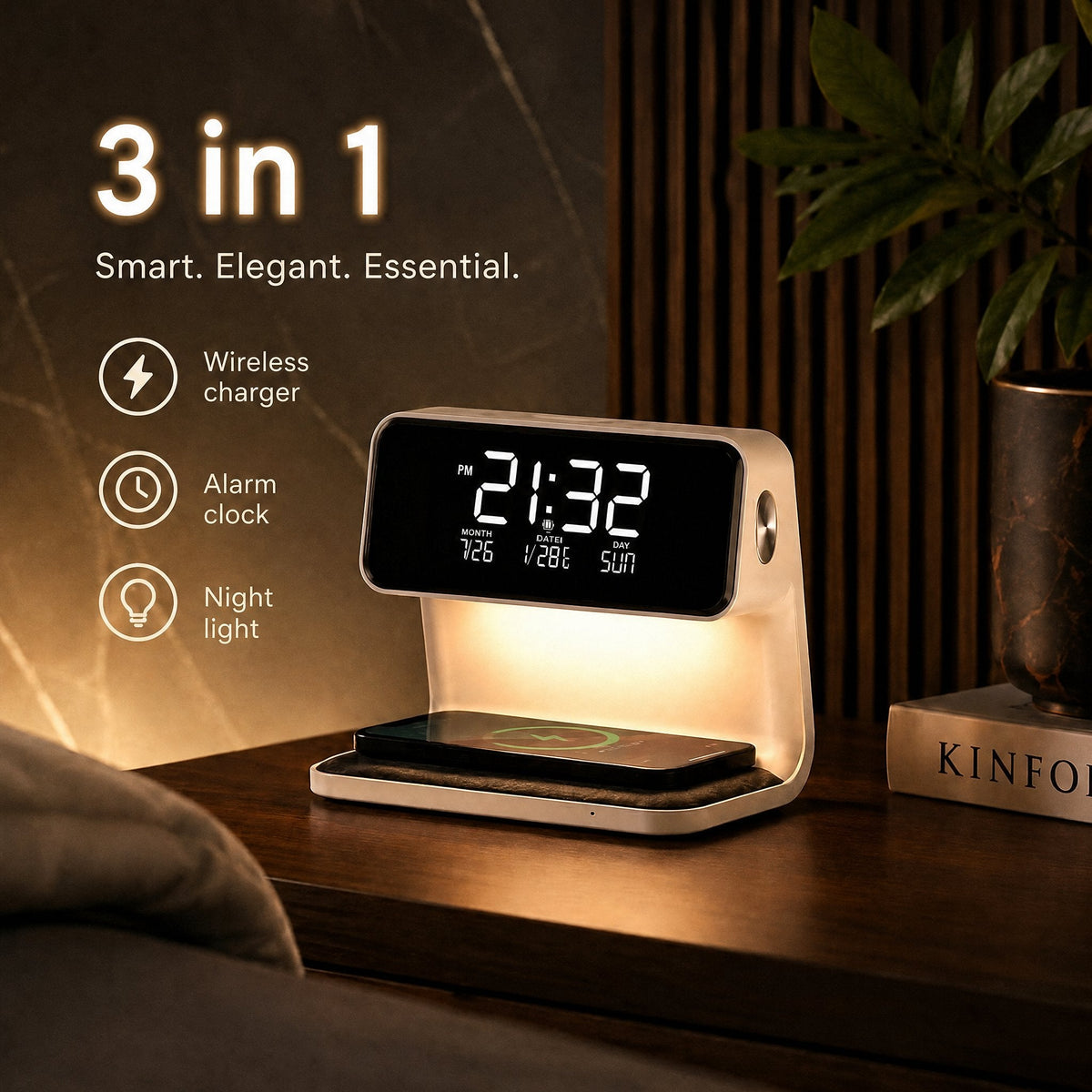 Budzik LED z funkcją bezprzewodowego ładowania | Wyświetlacz LCD z godziną, datą i temperaturą | Ściemniacz dotykowy z 3