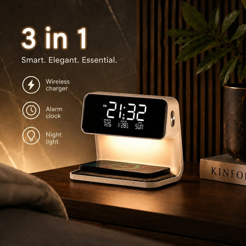 Budzik LED z funkcją bezprzewodowego ładowania | Wyświetlacz LCD z godziną, datą i temperaturą | Ściemniacz dotykowy z 3