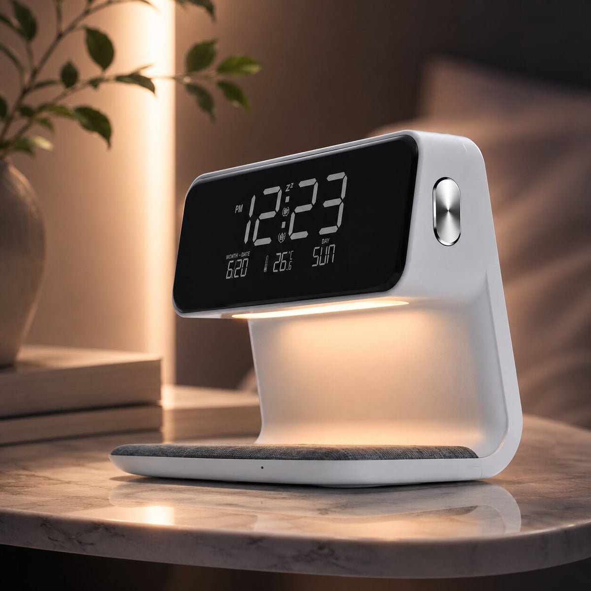 Budzik LED z funkcją bezprzewodowego ładowania | Wyświetlacz LCD z godziną, datą i temperaturą | Ściemniacz dotykowy z 3