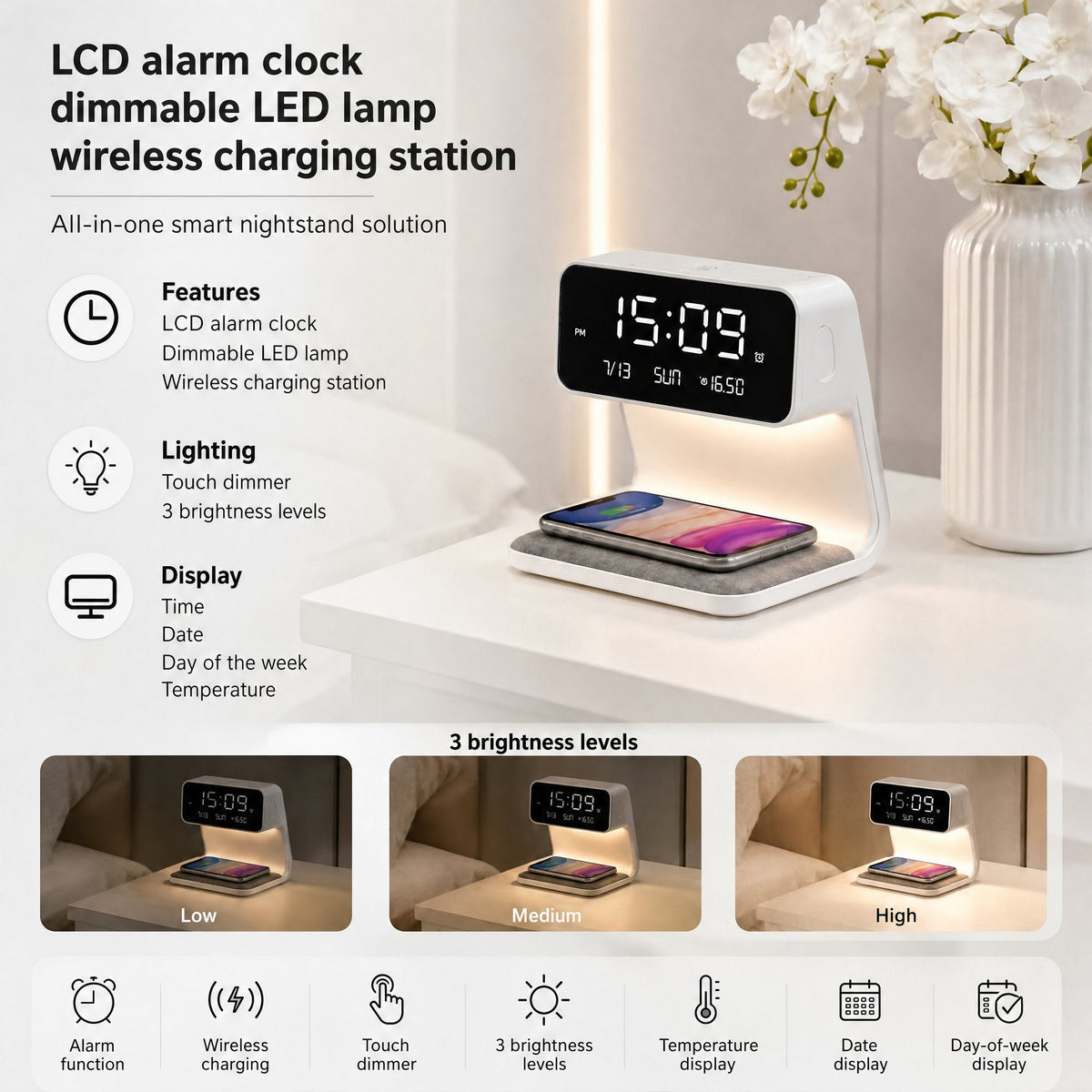 Budzik LED z funkcją bezprzewodowego ładowania | Wyświetlacz LCD z godziną, datą i temperaturą | Ściemniacz dotykowy z 3