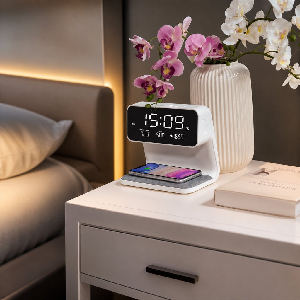 Budzik LED z funkcją bezprzewodowego ładowania | Wyświetlacz LCD z godziną, datą i temperaturą | Ściemniacz dotykowy z 3