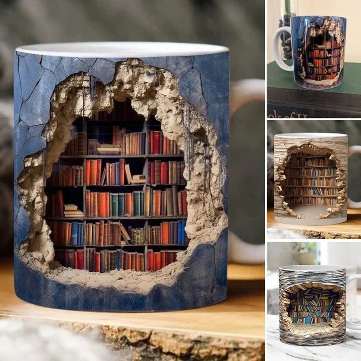 Ceramiczny kubek do kawy z trójwymiarowym wzorem regału na książki