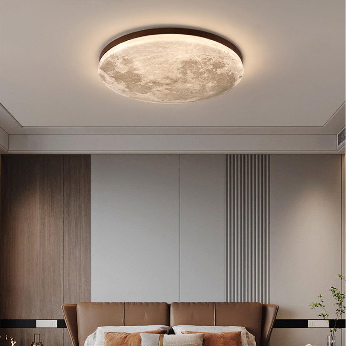 Cliveden – lampa sufitowa LED w kształcie księżyca z drewnianą ramką do sypialni i salonu