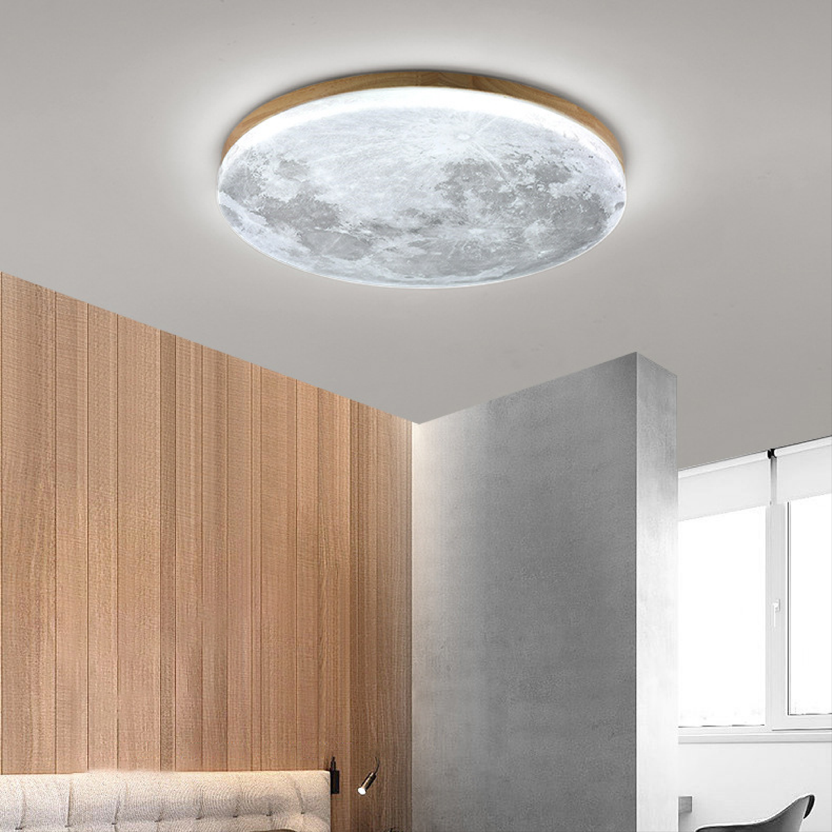 Cliveden – lampa sufitowa LED w kształcie księżyca z drewnianą ramką do sypialni i salonu