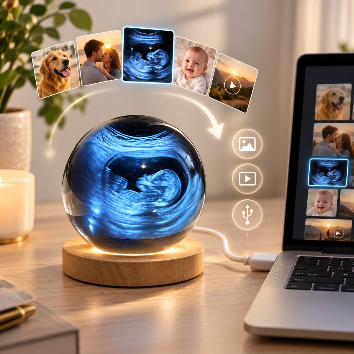 Cyfrowa kula pamięci na zdjęcia i filmy | wyświetlacz HD 7 cm, pamięć 4 GB | przesyłanie i odtwarzanie przez USB-C