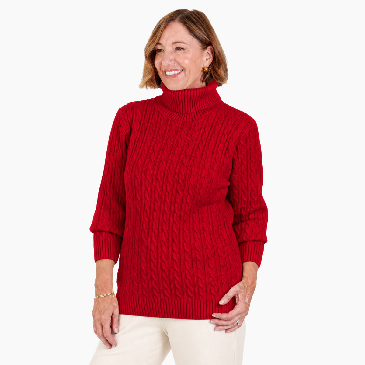 Damski sweter z golfem i warkoczowym splotem z długimi rękawami i prążkowanymi wykończeniami