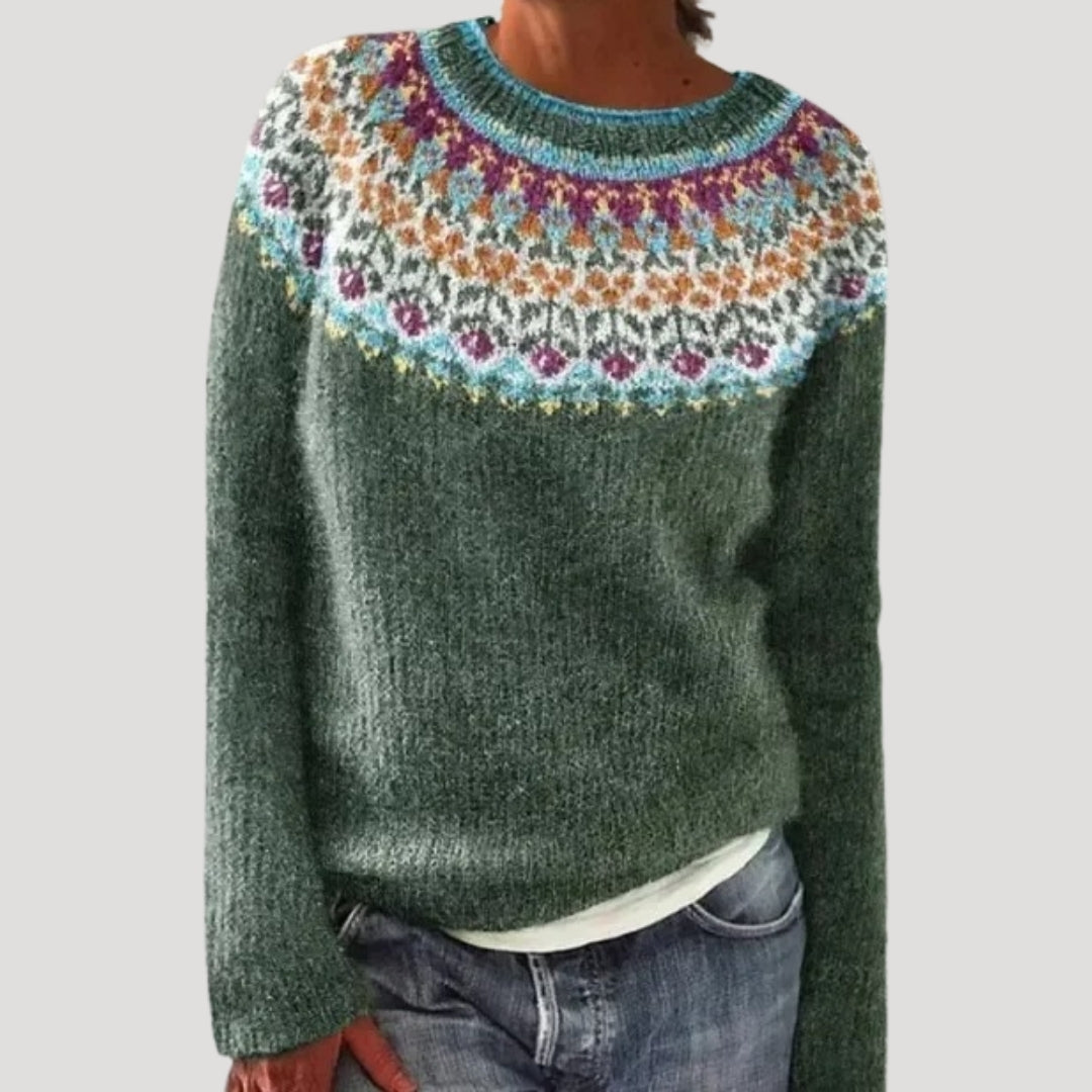 Damski sweter z okrągłym dekoltem i kolorowym wzorem na górze