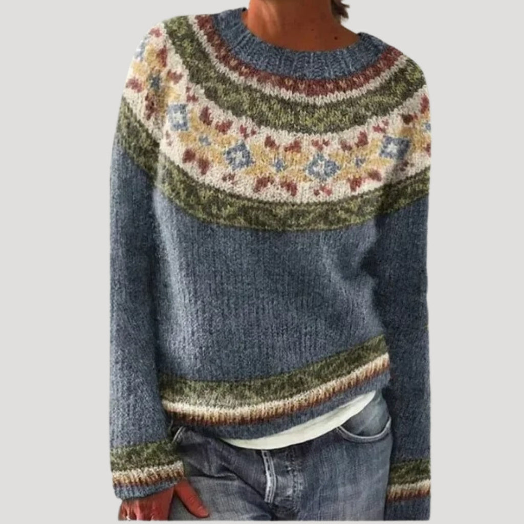 Damski sweter z okrągłym dekoltem i kolorowym wzorem na górze