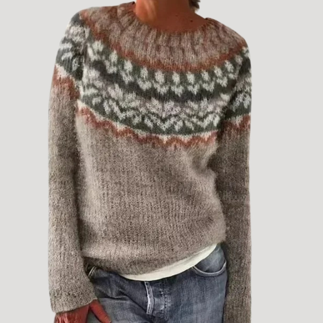 Damski sweter z okrągłym dekoltem i kolorowym wzorem na górze