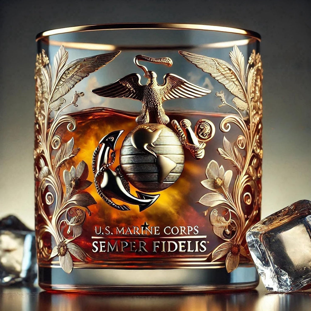 Elegancka szklanka do whisky z emblematami wojskowymi i złotymi akcentami