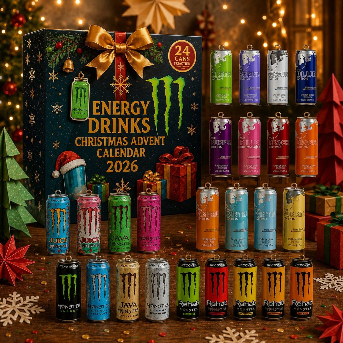 Kalendarz adwentowy z motywem napojów energetycznych na 24 dni