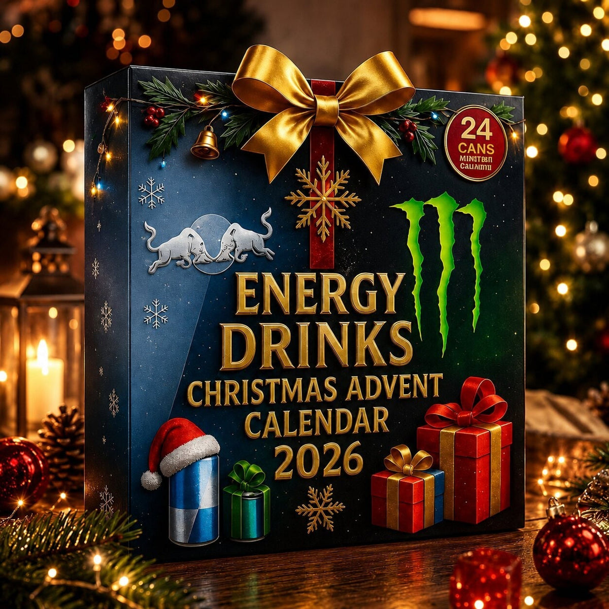 Kalendarz adwentowy z motywem napojów energetycznych na 24 dni