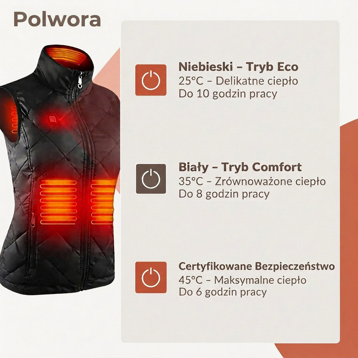 Kamizelka grzewcza damska Polwora X – 3 poziomy temperatury 45–65 °C