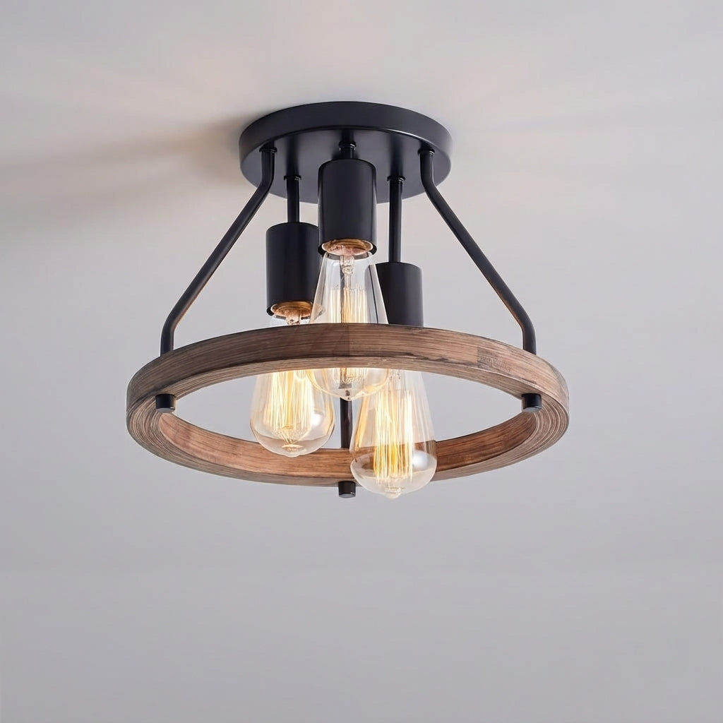 Lampa sufitowa industrialna w stylu rustykalnym drewno metal | Rustykalny drewniany pierścień, metalowe akcenty | 3 regu