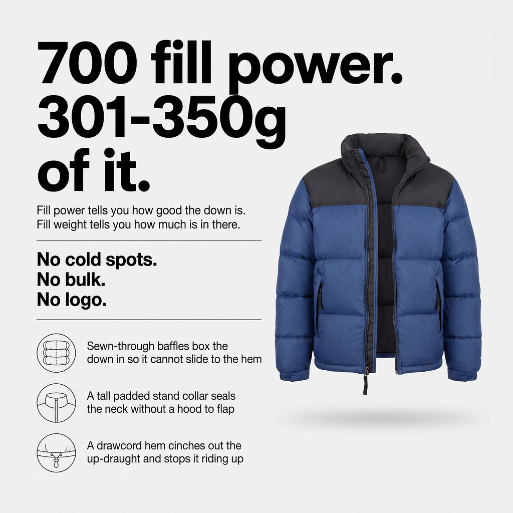 Męska kurtka puchowa – pikowana kurtka z kontrastowymi panelami, puch 700 fill power