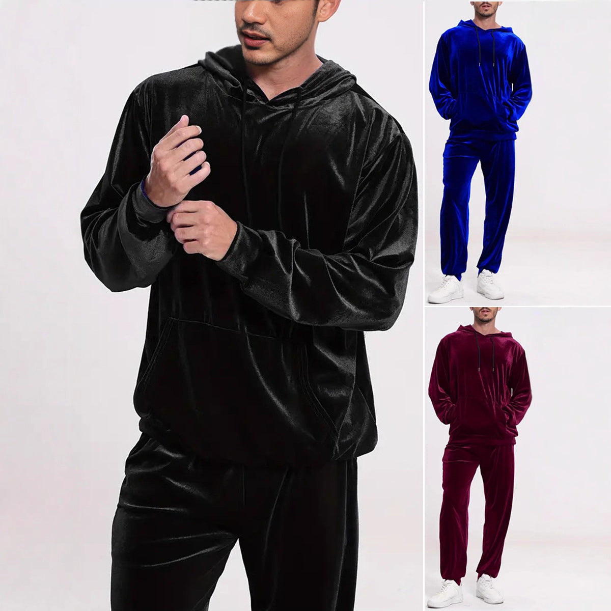 Męski dres welurowy z bluzą z kapturem i spodniami jogger