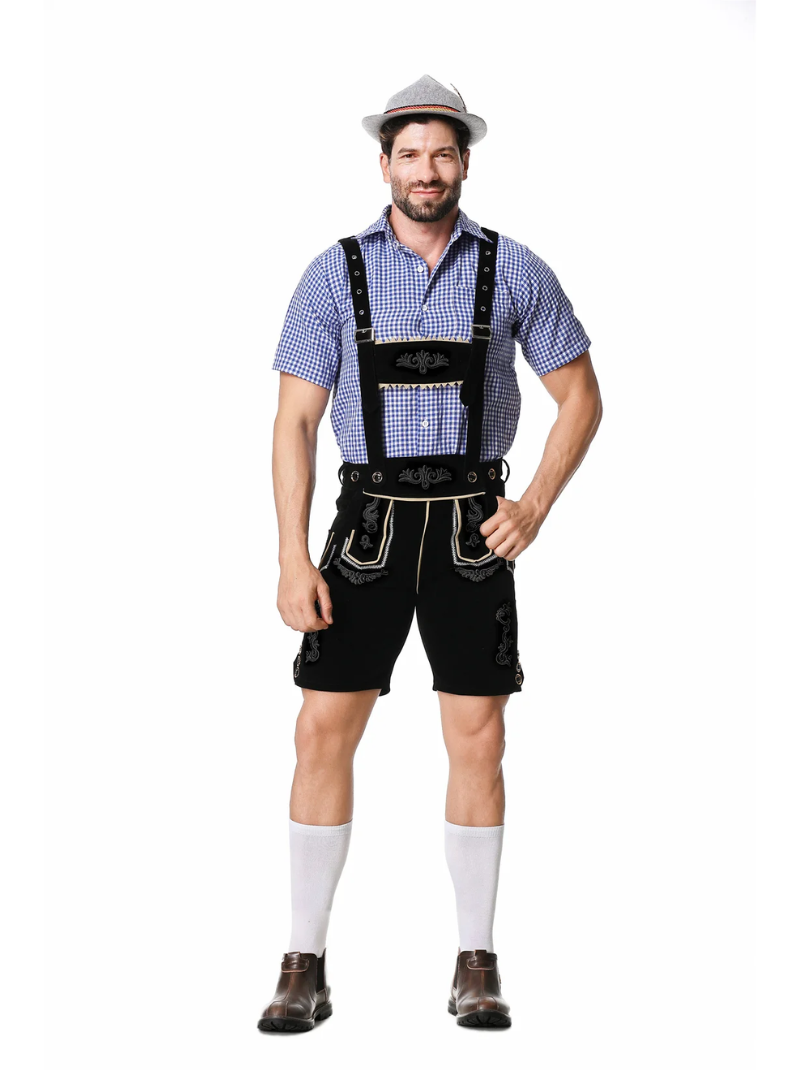 Męski strój Oktoberfest Lederhosen – tradycyjny zestaw z koszulą, szelkami i spodniami do kolan, M–XXL