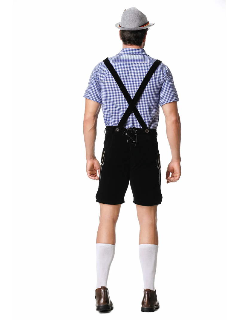 Męski strój Oktoberfest Lederhosen – tradycyjny zestaw z koszulą, szelkami i spodniami do kolan, M–XXL