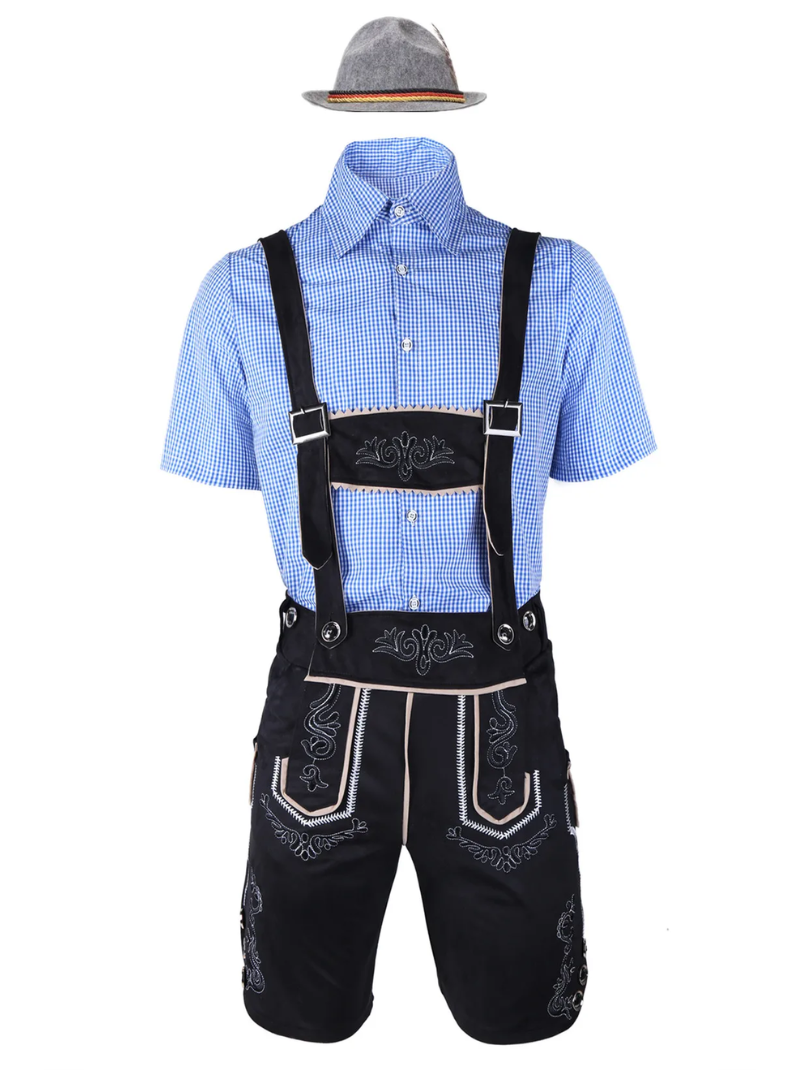 Męski strój Oktoberfest Lederhosen – tradycyjny zestaw z koszulą, szelkami i spodniami do kolan, M–XXL