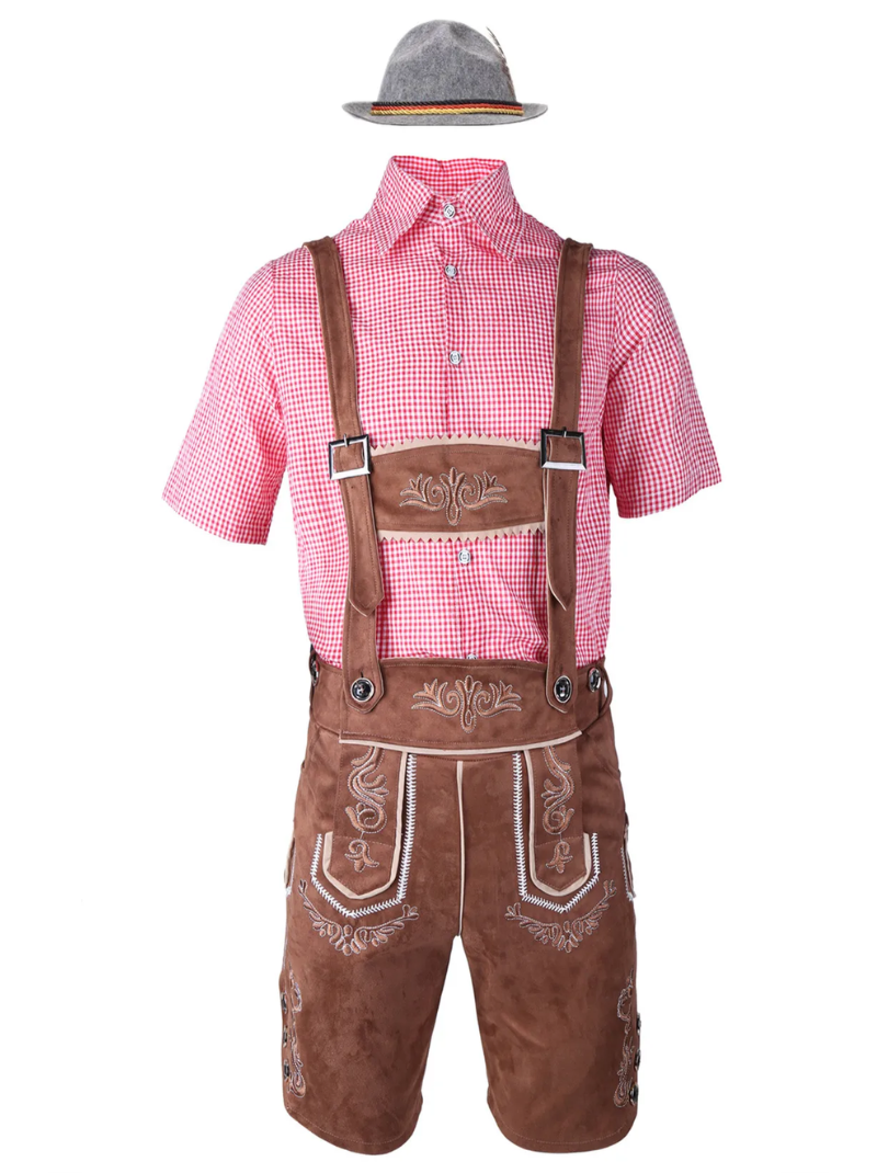 Męski strój Oktoberfest Lederhosen – tradycyjny zestaw z koszulą, szelkami i spodniami do kolan, M–XXL