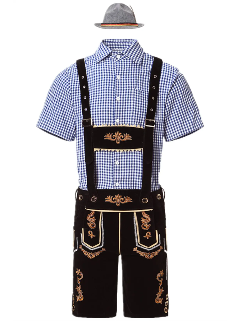 Męski strój Oktoberfest Lederhosen – tradycyjny zestaw z koszulą, szelkami i spodniami do kolan, M–XXL
