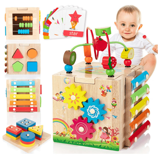 MINDBLOX – drewniana kostka edukacyjna Montessori 8 w 1 z grami edukacyjnymi dla dzieci