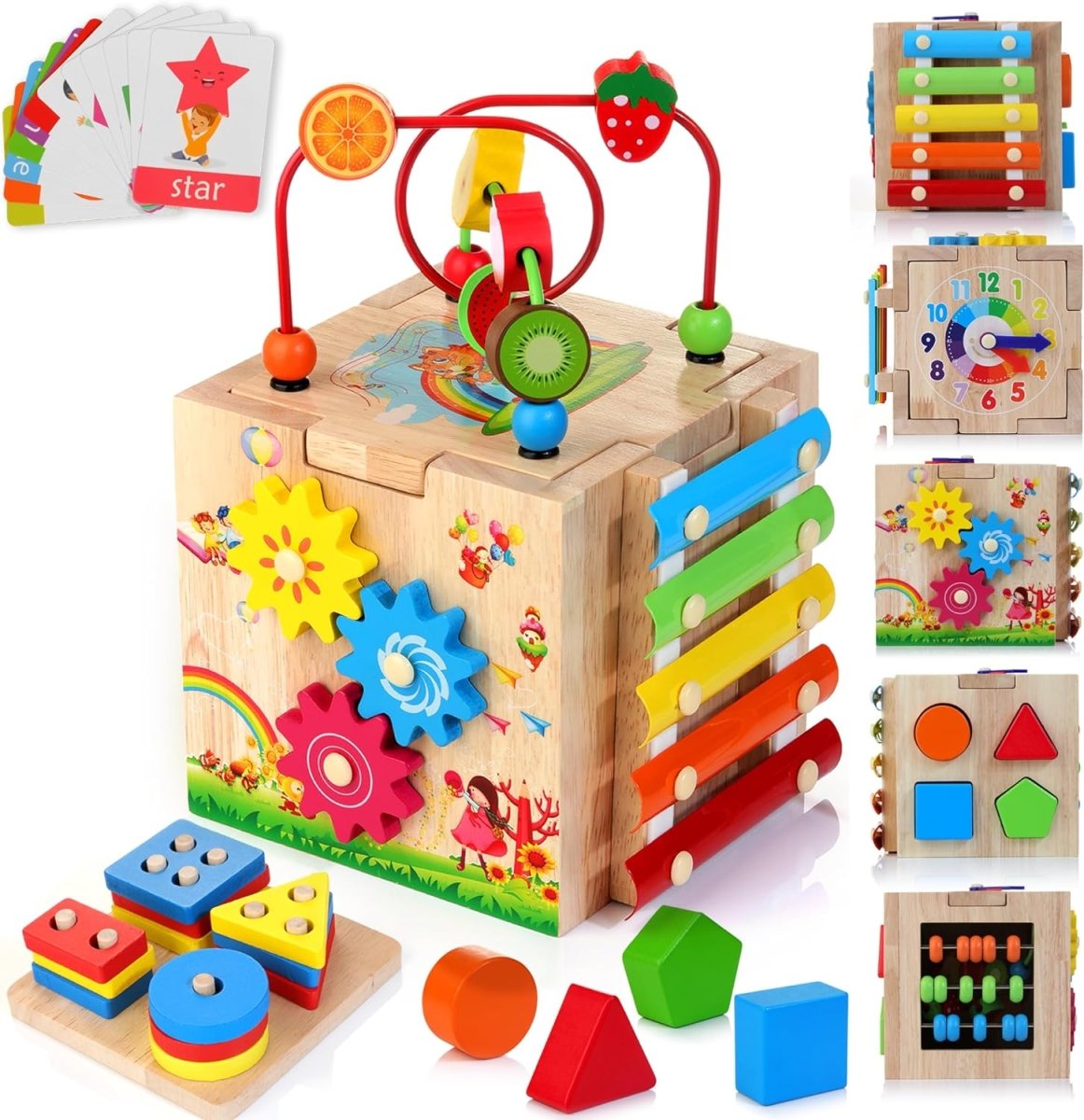 MINDBLOX – drewniana kostka edukacyjna Montessori 8 w 1 z grami edukacyjnymi dla dzieci