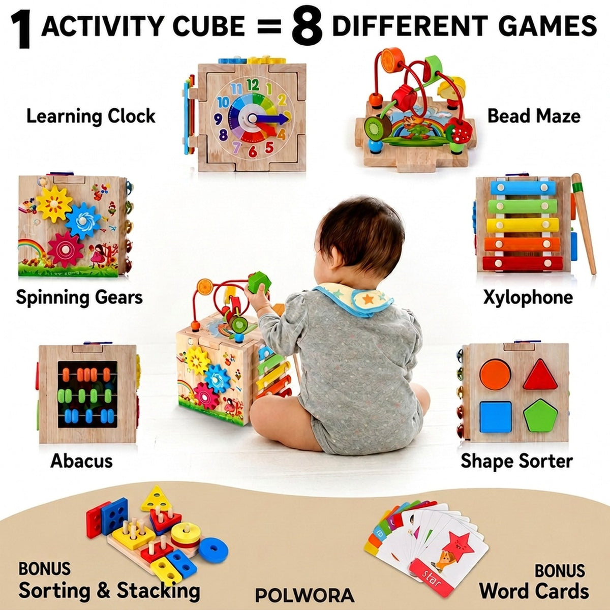 MINDBLOX – drewniana kostka edukacyjna Montessori 8 w 1 z grami edukacyjnymi dla dzieci
