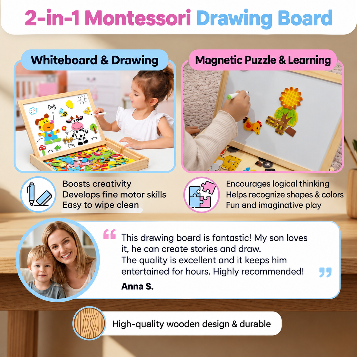 Montessori drewniana tablica do rysowania 2 w 1 | Strona magnetyczna i strona do pisania | Zabawna nauka kształtów, kolo