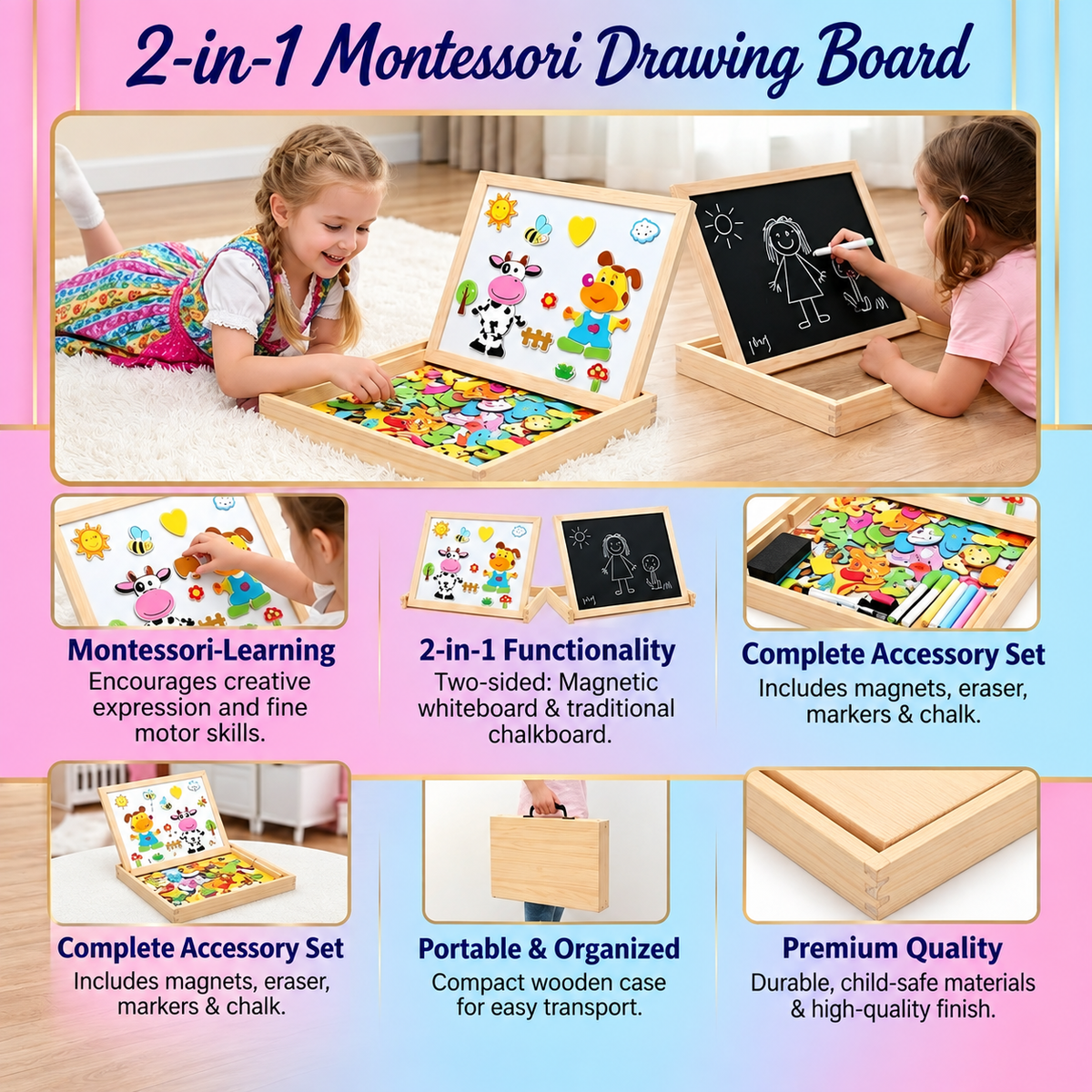 Montessori drewniana tablica do rysowania 2 w 1 | Strona magnetyczna i strona do pisania | Zabawna nauka kształtów, kolo