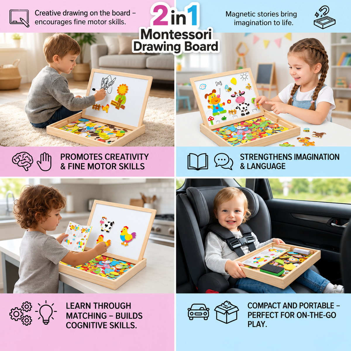 Montessori drewniana tablica do rysowania 2 w 1 | Strona magnetyczna i strona do pisania | Zabawna nauka kształtów, kolo