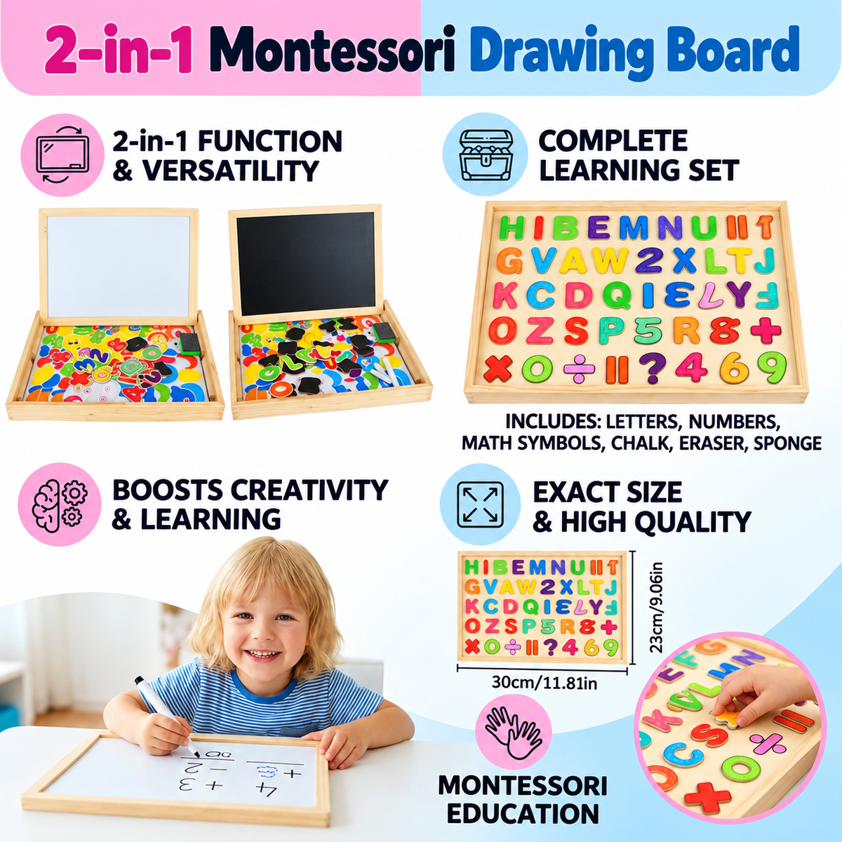Montessori drewniana tablica do rysowania 2 w 1 | Strona magnetyczna i strona do pisania | Zabawna nauka kształtów, kolo
