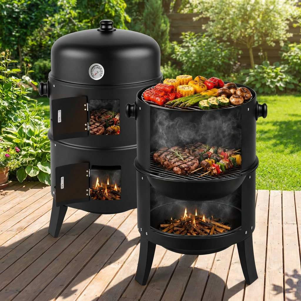 Pionowy wędzarno-grill węglowy z termometrem i podwójnymi drzwiczkami