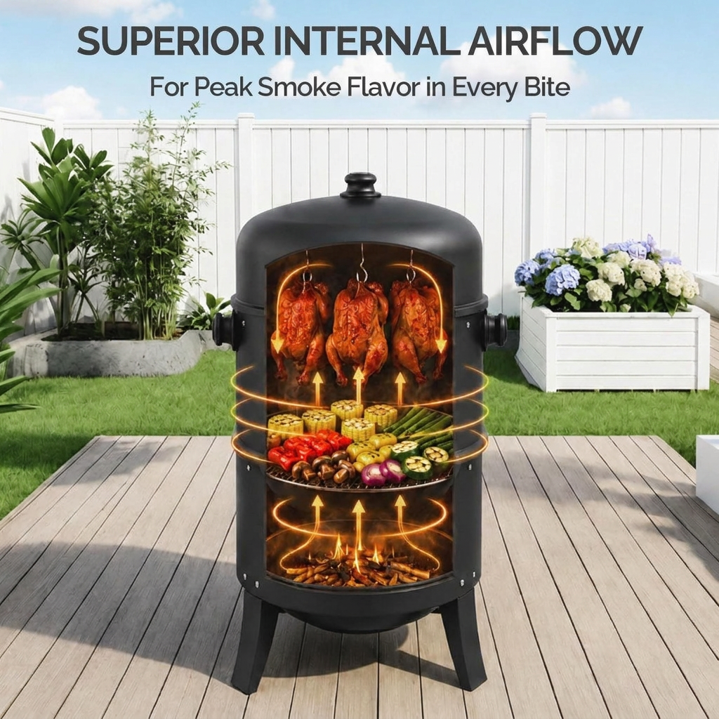 Pionowy wędzarno-grill węglowy z termometrem i podwójnymi drzwiczkami
