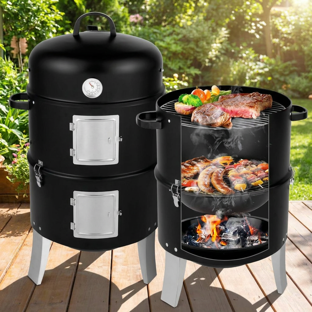 Pionowy wędzarno-grill węglowy z termometrem i podwójnymi drzwiczkami
