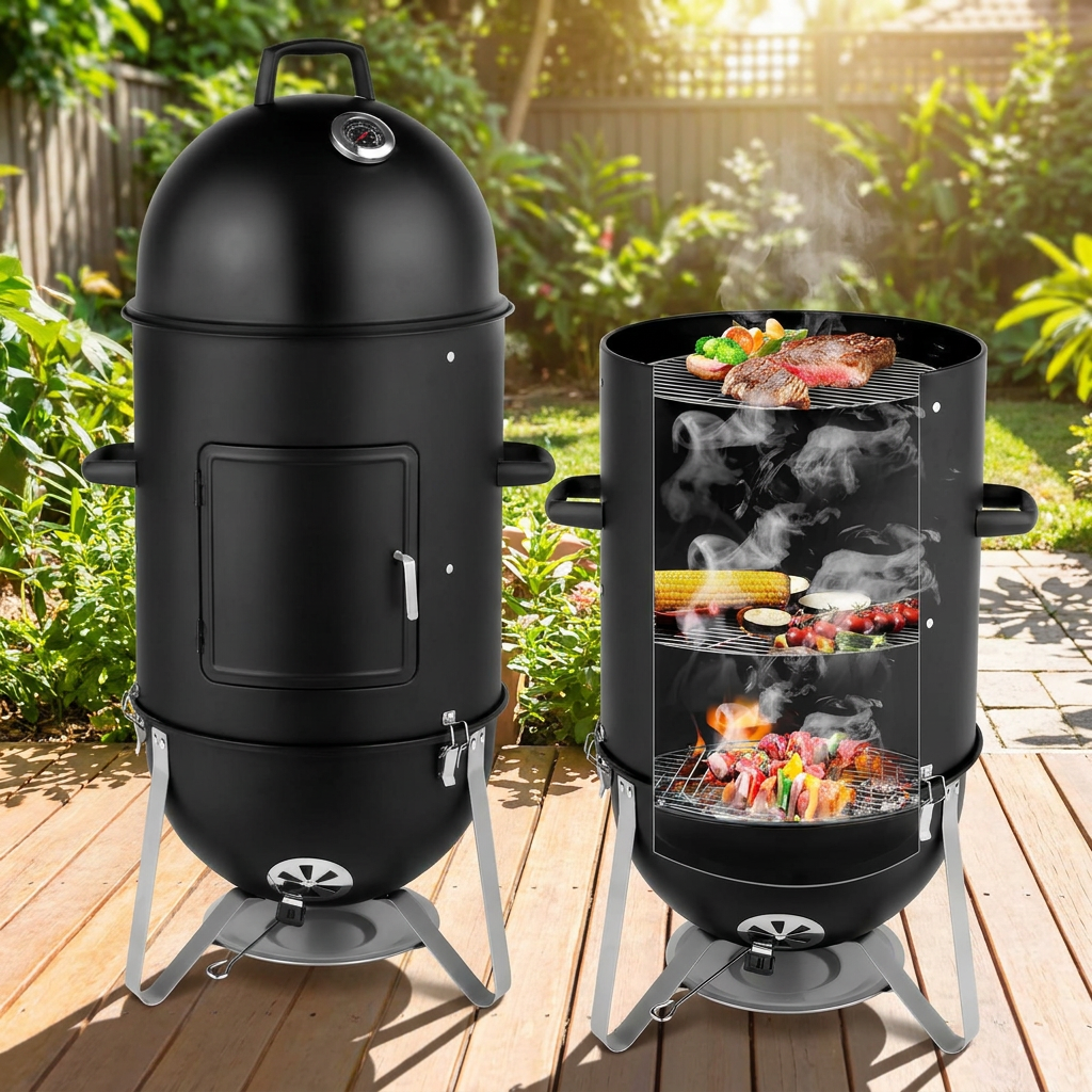 Pionowy wędzarno-grill węglowy z termometrem i podwójnymi drzwiczkami