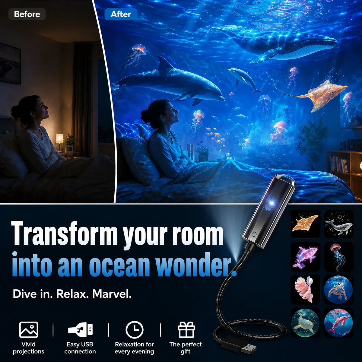 Projektor LED z 10 slajdami projekcyjnymi | Obrotowa głowica 360° | Gwiazdy, galaktyka i ocean na suficie