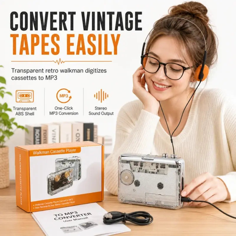 Przezroczysty przenośny stereofoniczny odtwarzacz kasetowy