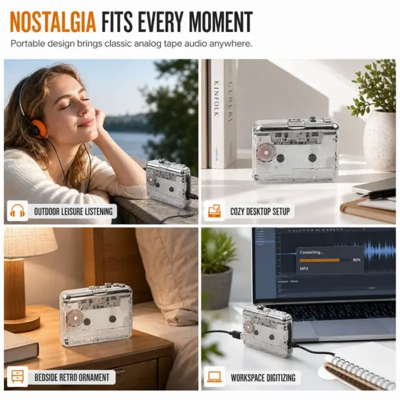 Przezroczysty przenośny stereofoniczny odtwarzacz kasetowy