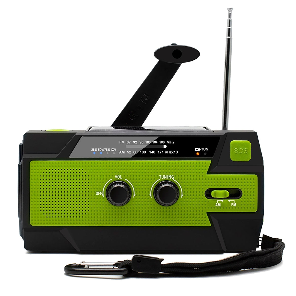 Radio awaryjne z korbą, panelem słonecznym, odbiornikiem AM/FM i latarką LED