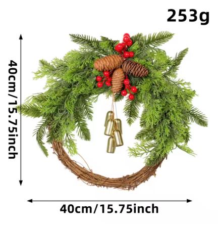 Ręcznie robiony wianek zimowy w stylu boho z dzwoneczkami, szyszkami i jagodami, 43 cm, do wnętrz i na zewnątrz