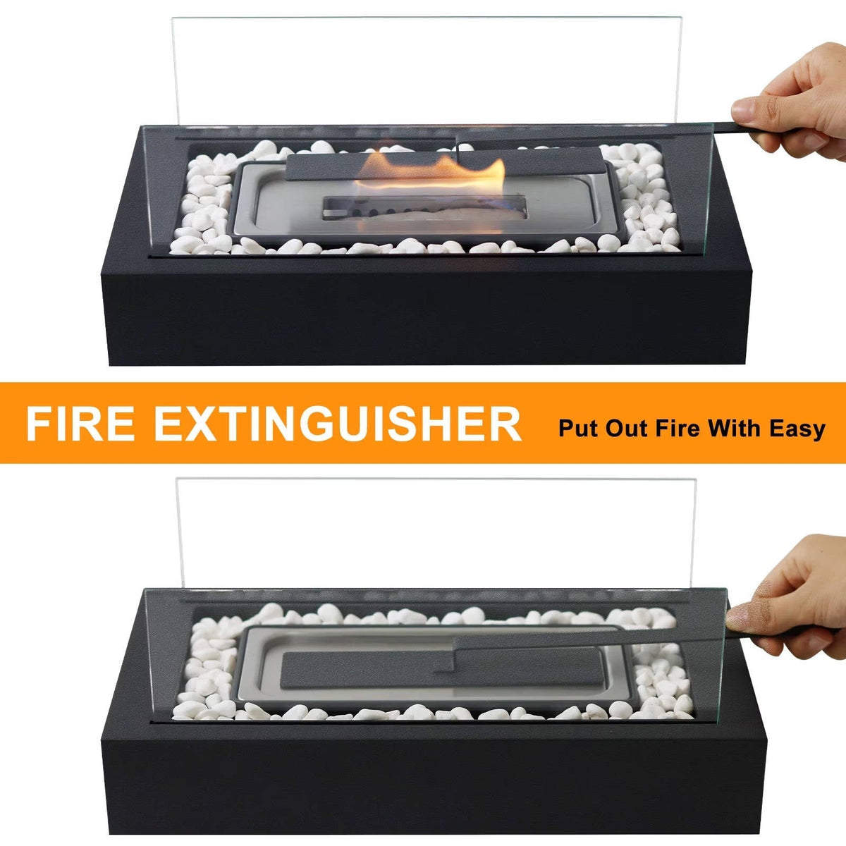 Stołowy biokominek na etanol, przenośne prostokątne palenisko z podwójną szklaną osłoną wiatru do wnętrz, patio i balkon