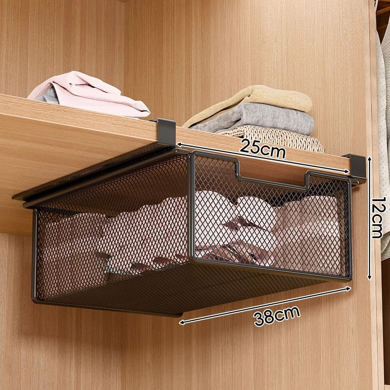 Wysuwany metalowy kosz z siatki pod półkę z zaciskiem