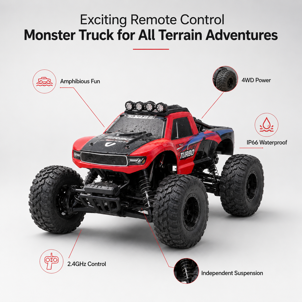 Zdalnie sterowany monster truck amfibia do jazdy w każdym terenie