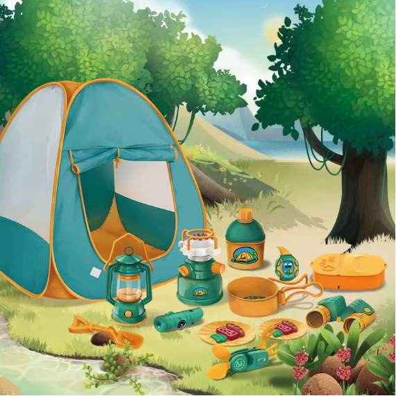 Zestaw do zabawy w camping z namiotem, latarnią, kompasem i akcesoriami | Poręczny plecak do przechowywania | Idealny dl
